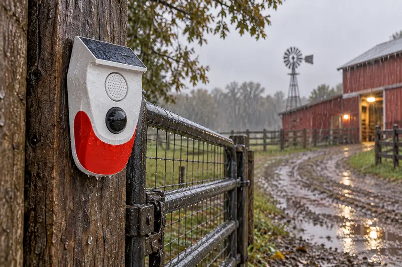 Solar Motion Sensor Alarm — Rainy Farm Entrance