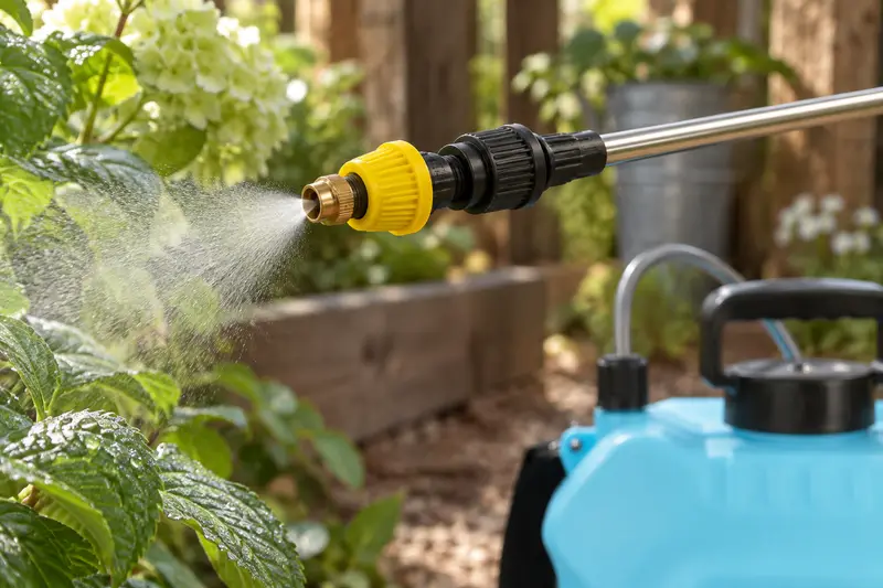 Battery-Powered Garden Sprayer — Shaded Garden Corner