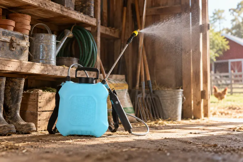 Battery-Powered Garden Sprayer — Dusty Storage Shelf