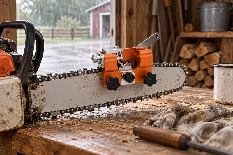 Hand-Cranked Chainsaw Sharpener — Rainy-Day Tool Care