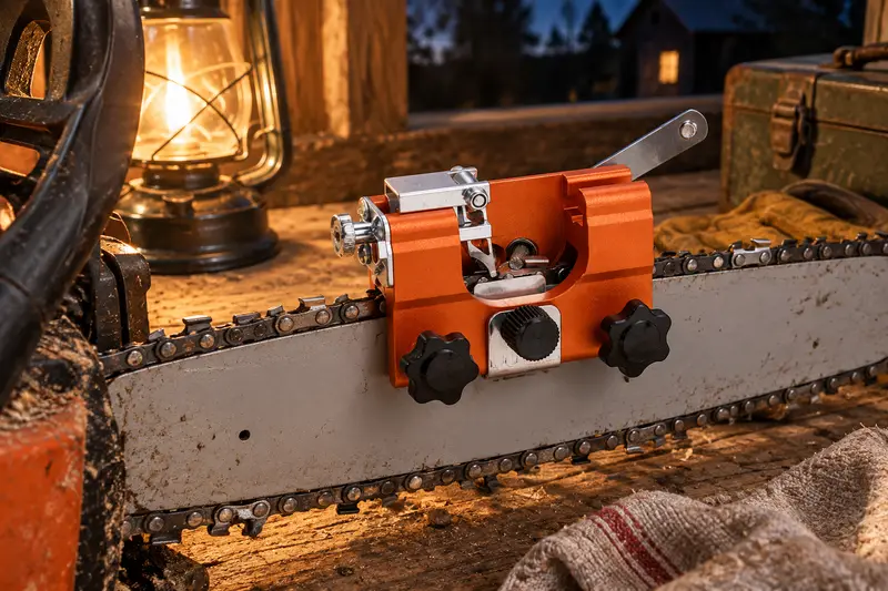 Hand-Cranked Chainsaw Sharpener — After-Dark Preparation
