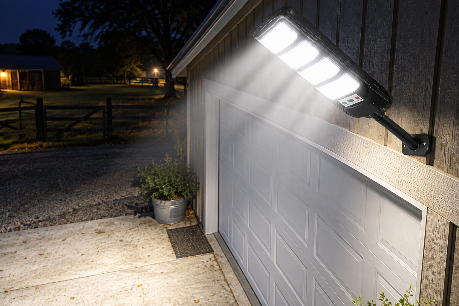 Solar Street Light — Garage Exterior at Night