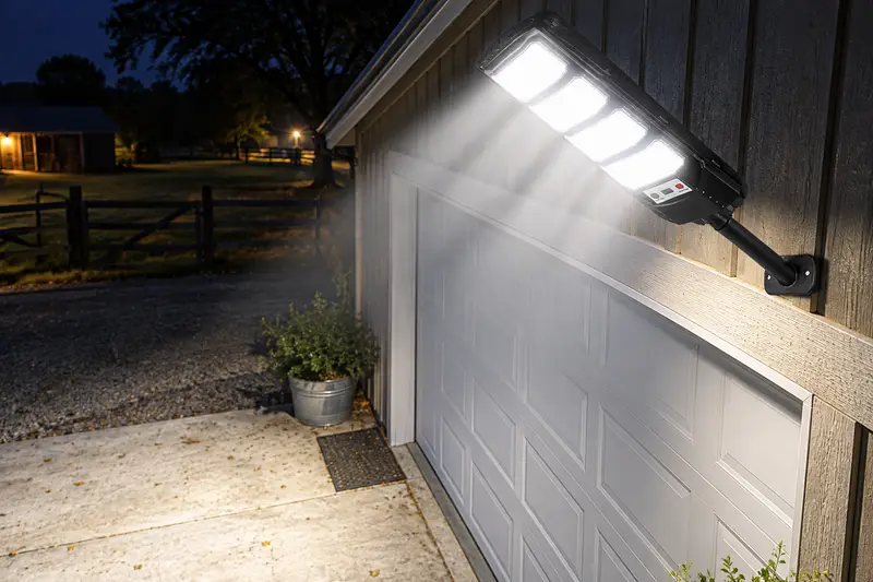 Solar Street Light — Garage Exterior at Night