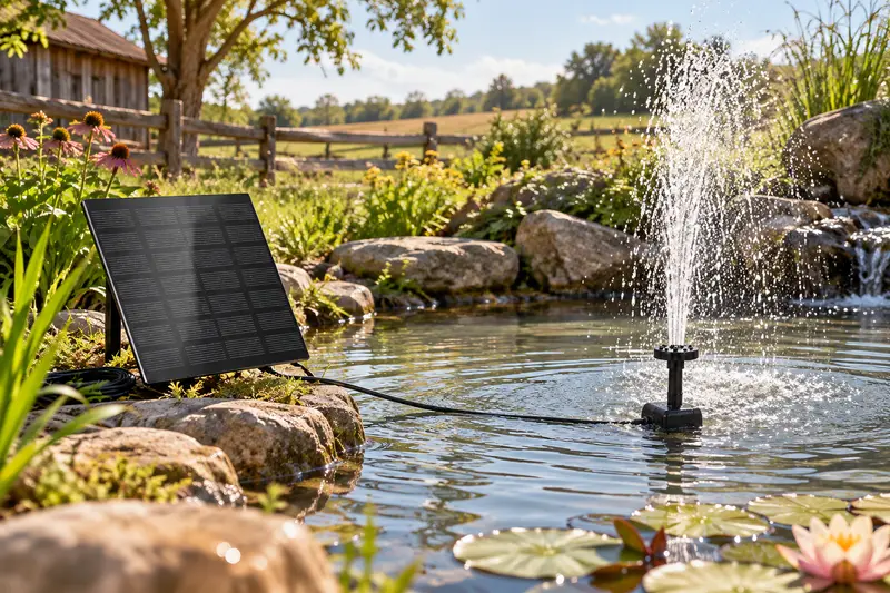 Solar Fountain Pump — Open-Air Pond