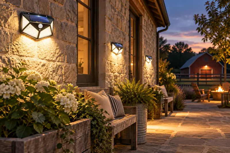 Solar Wall Light — Courtyard After Dusk