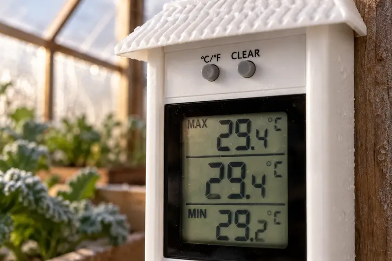 Digital Min-Max Thermometer — Chilly Greenhouse Mornings