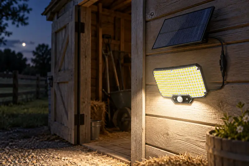 Solar Floodlight — Nighttime Shed Approach