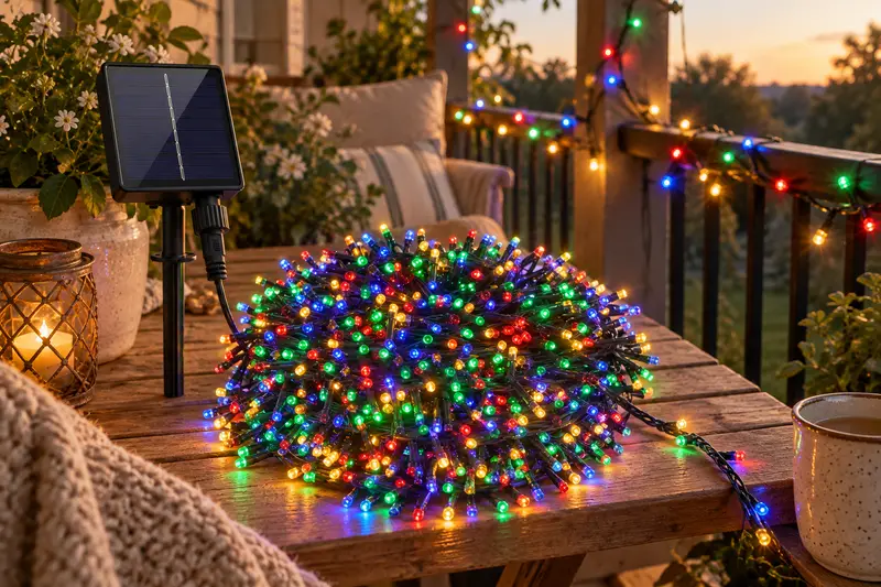 Solar String Lights — Sheltered Balcony Setting