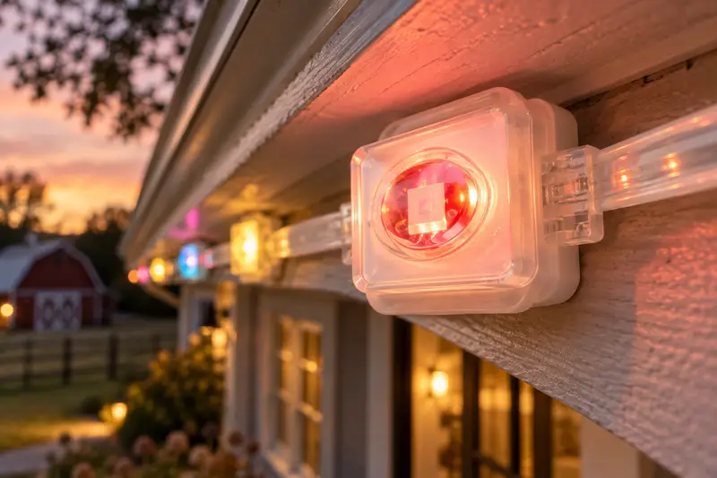 Smart Outdoor Eave Lights — Front Eaves After Sunset