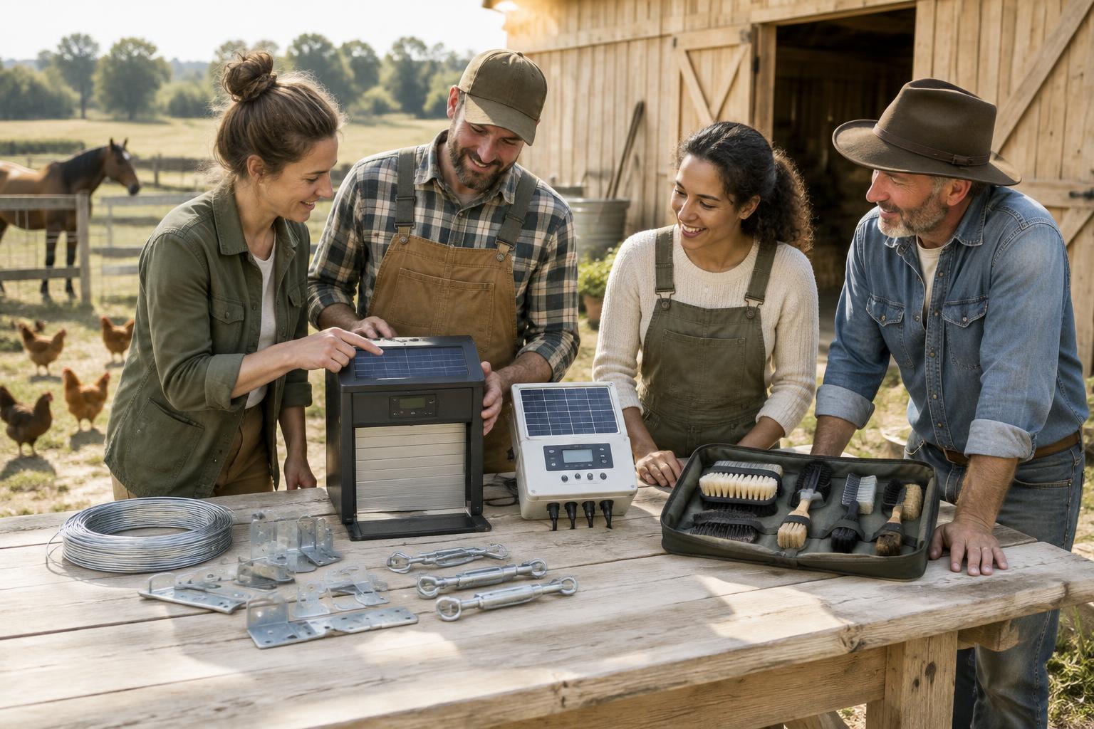 Small-farm owners reviewing poultry, irrigation, fencing and horse-care equipment beside a barn